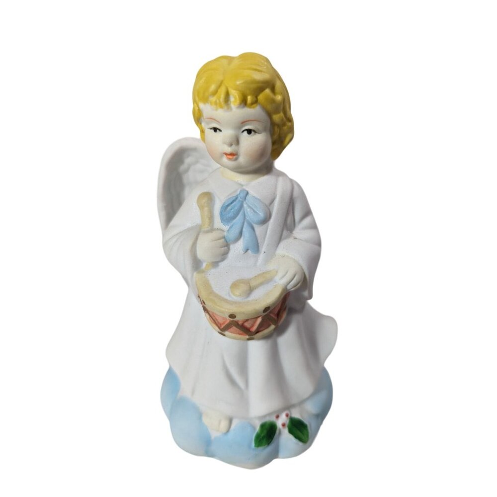 Vintage Ceramic Angel Figurine Playing Drums Music Chalkware Hand-Painted 4-inch